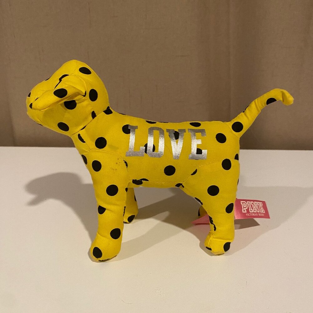 Victoria's Secret PINK Yellow Black Polka Dot LOVE‎ Dog Plush Mini Lab 7"